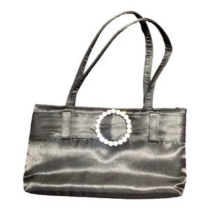 Satin Handled Purse with Embellished Crystals Buckle Women's Black